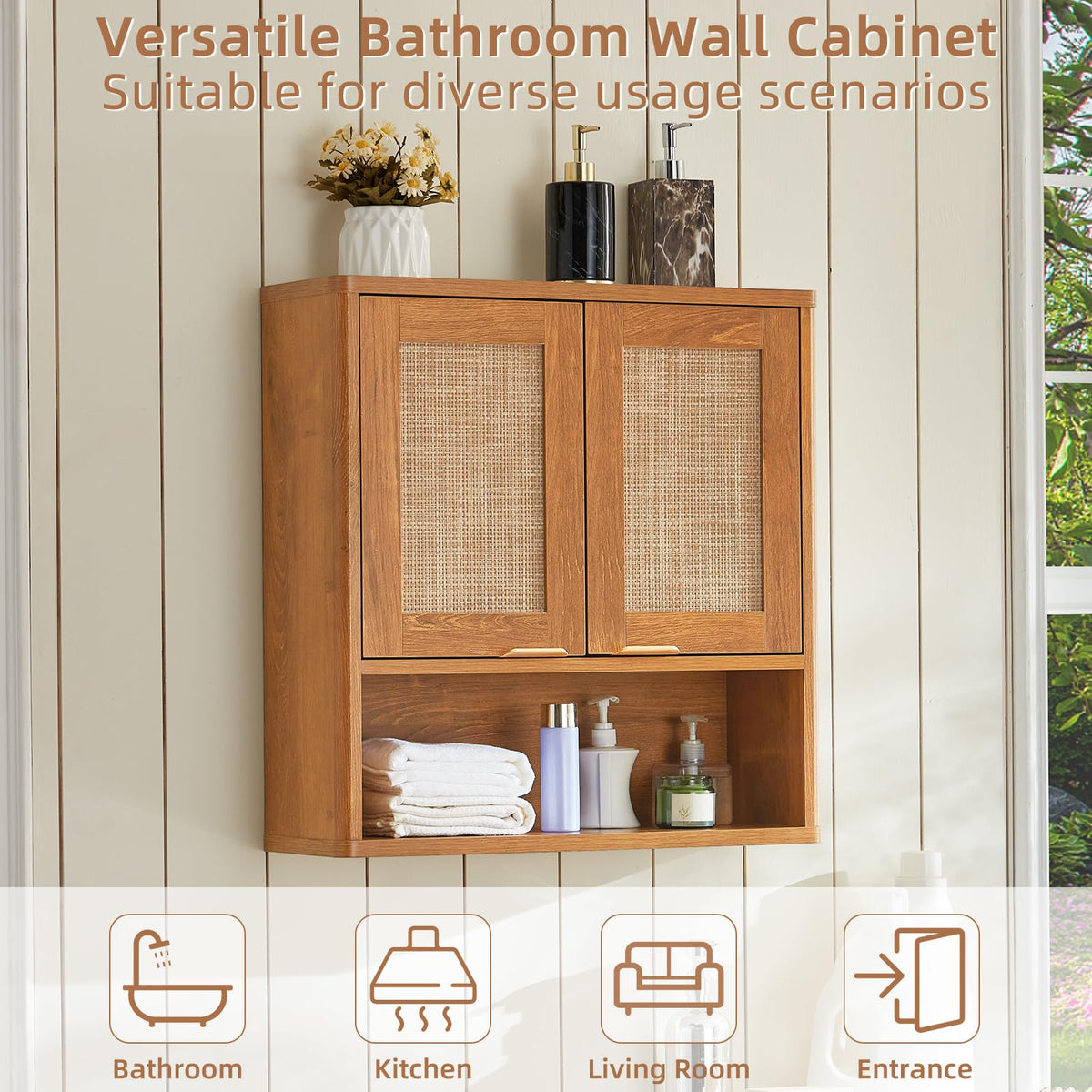Lerliuo Rattan Bathroom Wall Cabinet, Boho Natural Medicine Cabinet with Adjustable Wood Shelf, 2 Doors Over The Toilet Storage Cabinets for Laundry Room, Kitchen, Living Room
