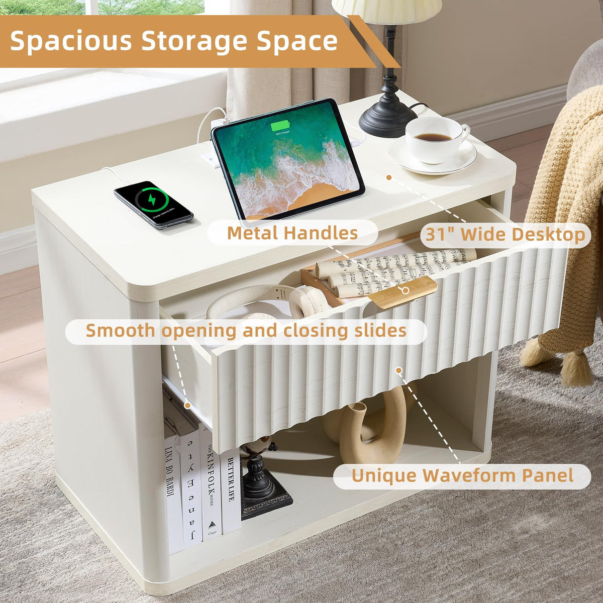 LEYAOYAO 31" Wide Fluted Nightstand with Charging Station, Oversized Extra Large 1 Drawer Night Stand with Golden Handle, Antique White Bedside Table Tall End Tables,for Bedroom, Living Room, Hallway