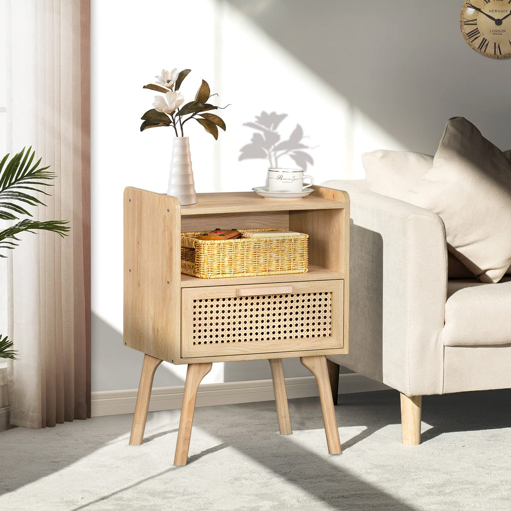 Lerliuo Rattan Nightstand, Boho Side Table with Drawer Open Shelf
