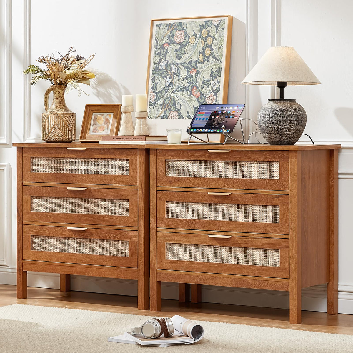 LEYAOYAO 26.8" Wide Rattan Nightstands Set of 2, Large Boho Night Stand