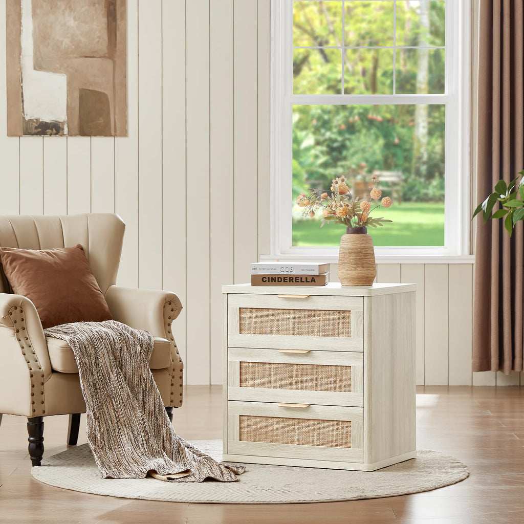 LEYAOYAO Rattan Nightstand Set of 2 with Charging Station, 1 & 2 Drawers Boho Night Stand Dresser for Bedroom, Natural Wood Bedside Table Open Storage Cabinet, Bed Side End Tables, Living Room,Hallway