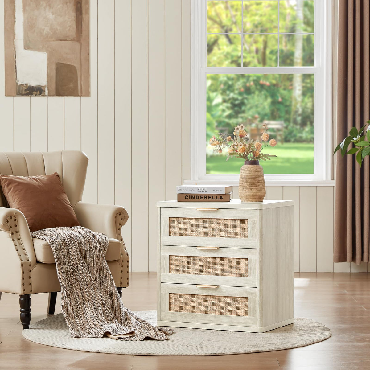 LEYAOYAO Rattan Nightstand Set of 2 with Charging Station, 1 & 2 Drawers Boho Night Stand Dresser for Bedroom, Natural Wood Bedside Table Open Storage Cabinet, Bed Side End Tables, Living Room,Hallway