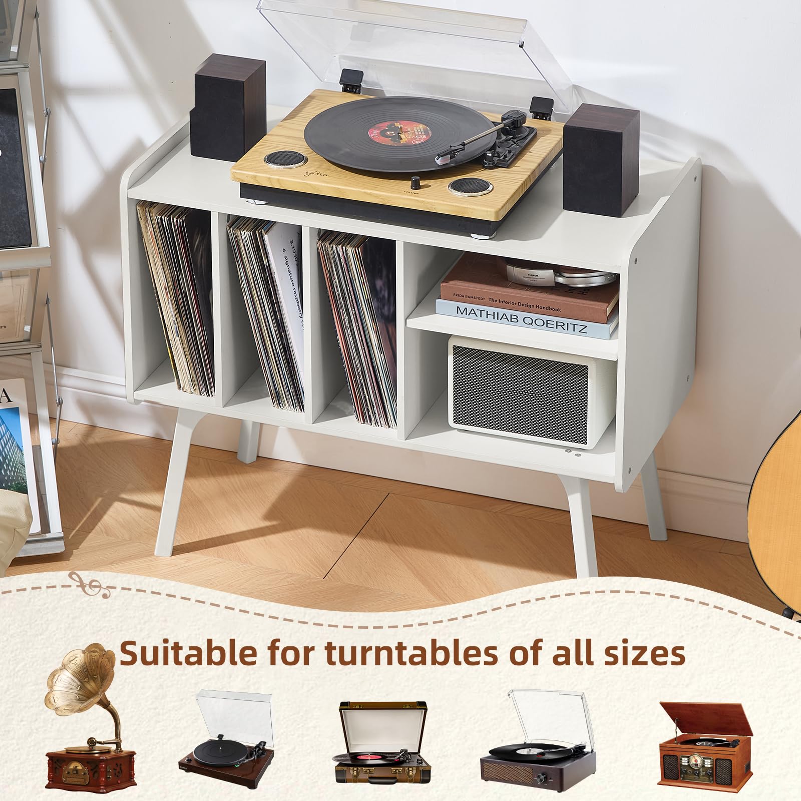 Lerliuo Record Player Stand with 4 Cabinet Holds Up to 220 Albums,Oak
