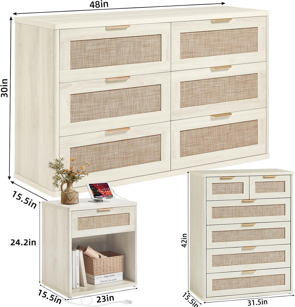 LEYAOYAO Rattan Dressers & Night Stand Set of 3, Boho Wood 48" Wide Dresser & 41"Tall Chest of Drawers, 23" with Charging Station Nightstand, Bedroom Furniture Dresser Set for Home Living Room Hallway