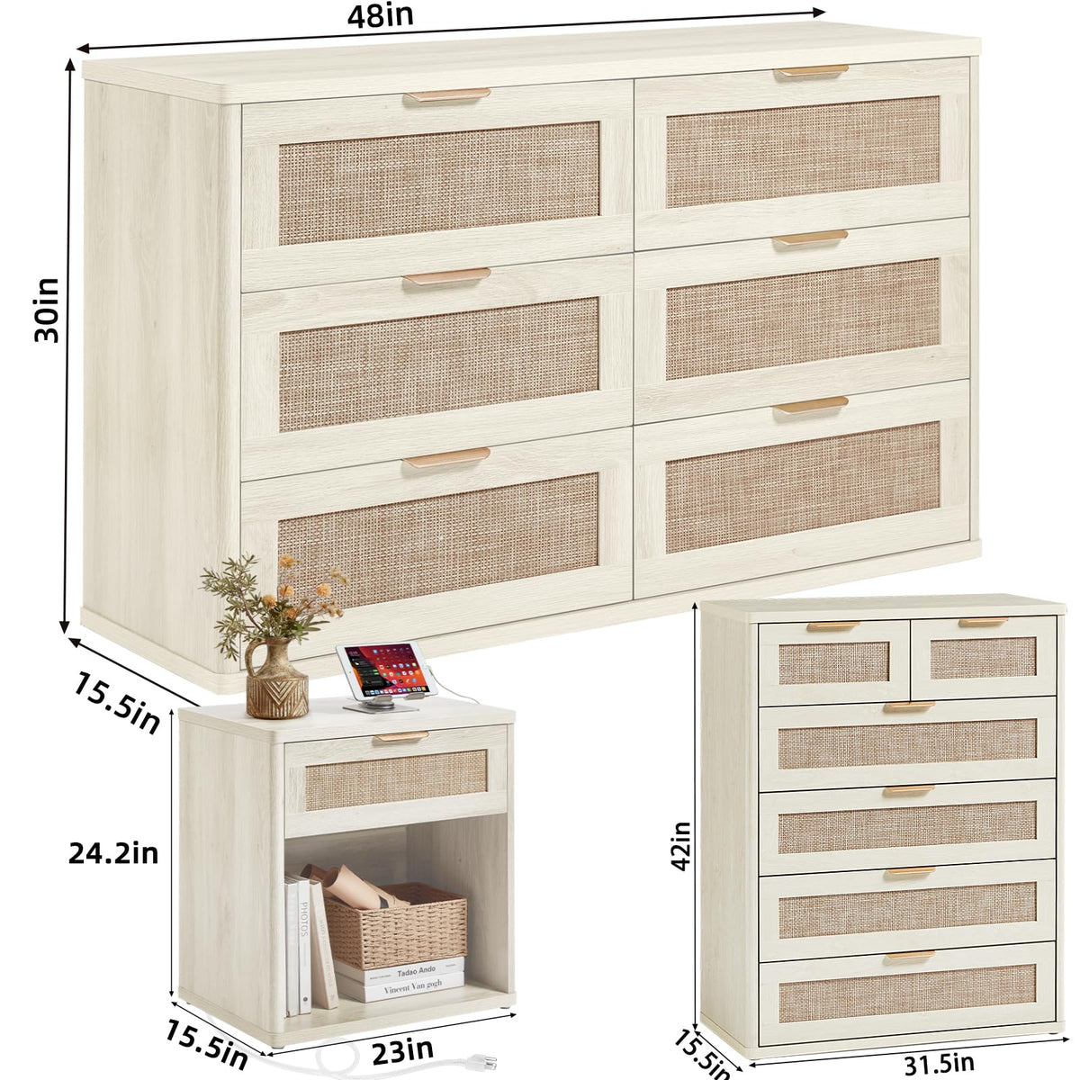 LEYAOYAO Rattan Dresser and Nightstand Sets 4 Piece, Natural