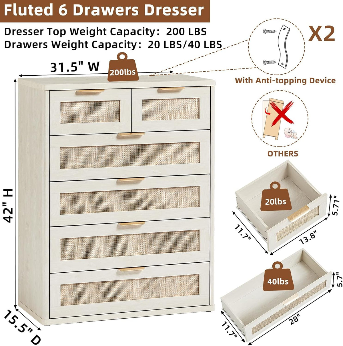 LEYAOYAO Rattan Dresser and Nightstand Set of 3, Boho Wood Dresser for Bedroom with 6 Drawers and Night Stand with Charging Station, Bedroom Furniture, Dressers & Chests of Drawers, Living Room