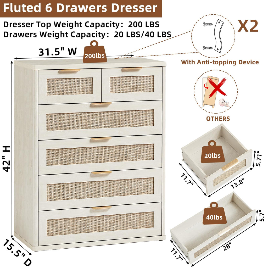 LEYAOYAO Rattan Dresser and Nightstand Set of 3, Boho Wood Dresser for Bedroom with 6 Drawers and Night Stand with Charging Station, Bedroom Furniture, Dressers & Chests of Drawers, Living Room