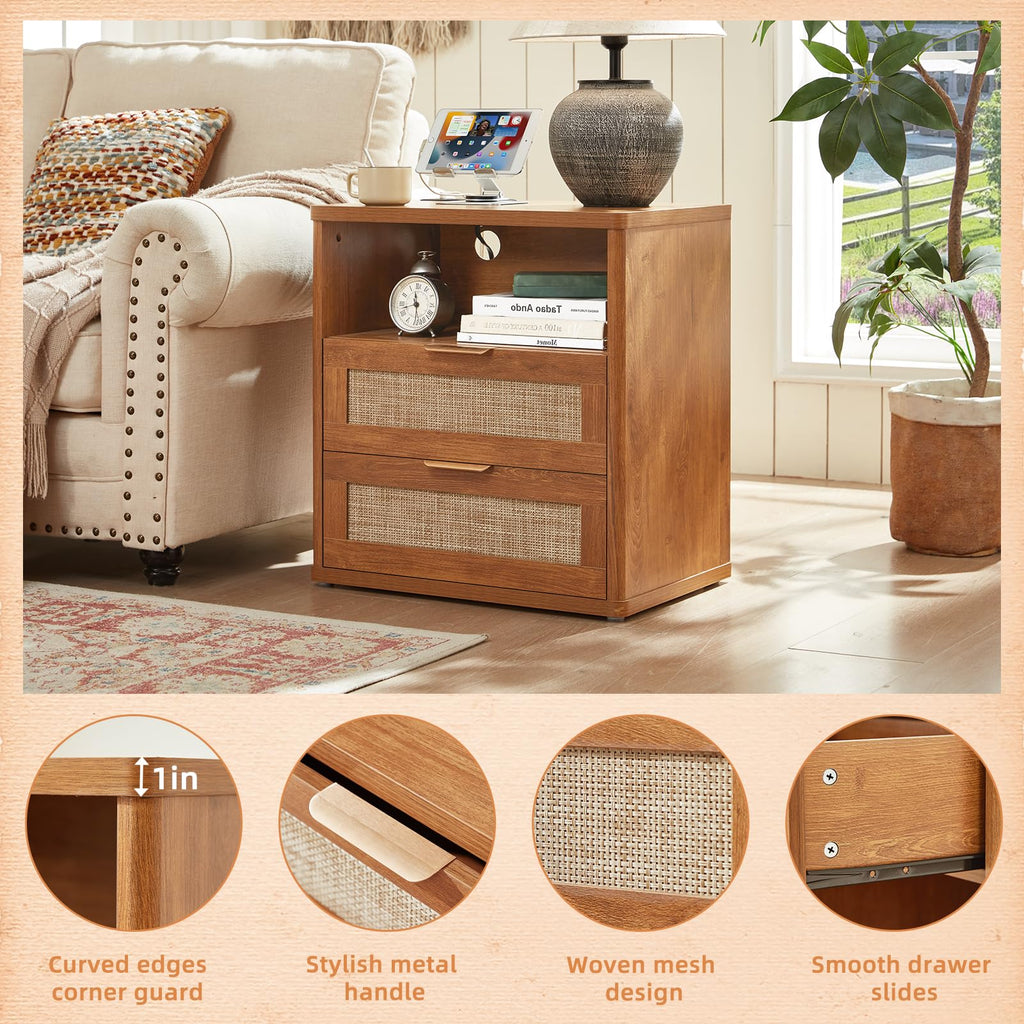 Lerliuo Rattan NightStand with Charger Station, 23" Wide Boho Bedside Table with Drawers, Natural Wood Night Stand Open Storage Cabinet, Bed Side End Table Dresser for Living Room, Hallway, Bedroom
