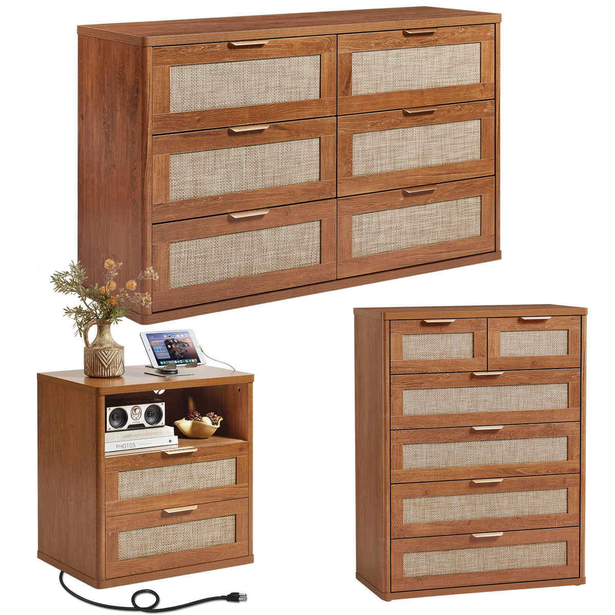 LEYAOYAO Rattan Dressers & Night Stand Set of 3, Boho Wood 48" Wide Dresser & 41"Tall Chest of Drawers, 23" with Charging Station Nightstand, Bedroom Furniture Dresser Set for Home Living Room Hallway