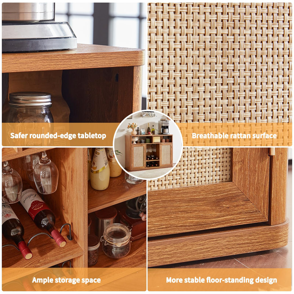 Lerliuo Rattan Wine Bar Cabinet with 2 Doors, Walnut