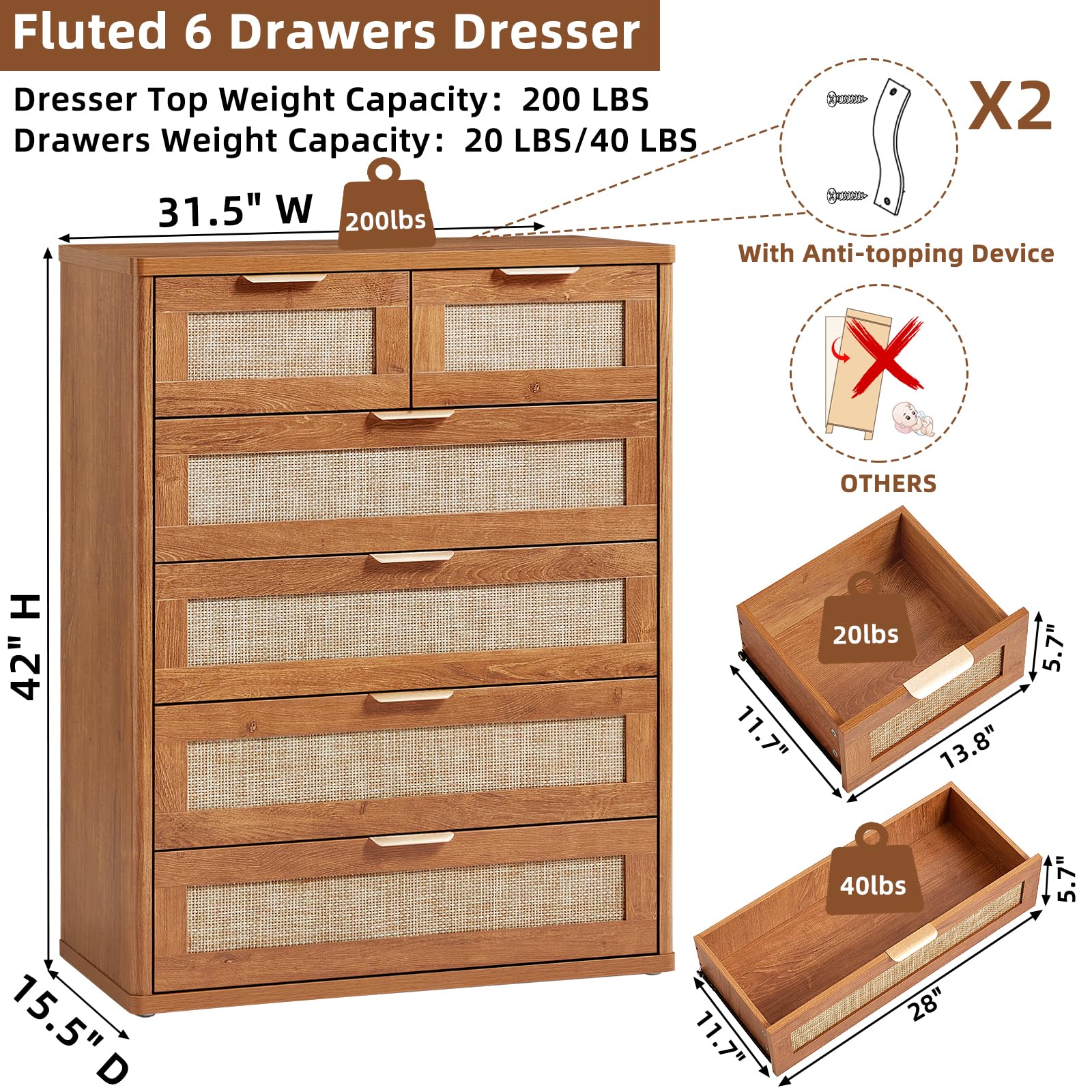 LEYAOYAO Rattan Dresser and Nightstand Set of 3, Boho Wood Dresser for Bedroom with 6 Drawers and Night Stand with Charging Station, Bedroom Furniture, Dressers & Chests of Drawers, Living Room