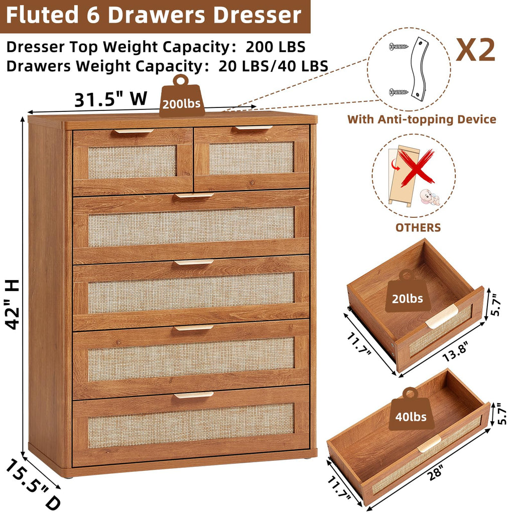 LEYAOYAO Rattan Dresser for Bedroom, 41" Tall Chest of Drawers