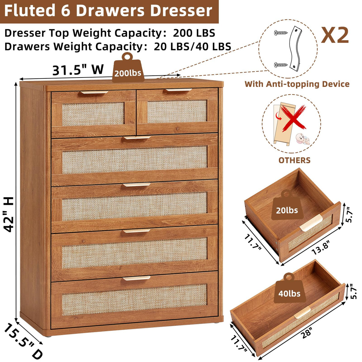LEYAOYAO Rattan Dresser for Bedroom, 41" Tall Chest of Drawers
