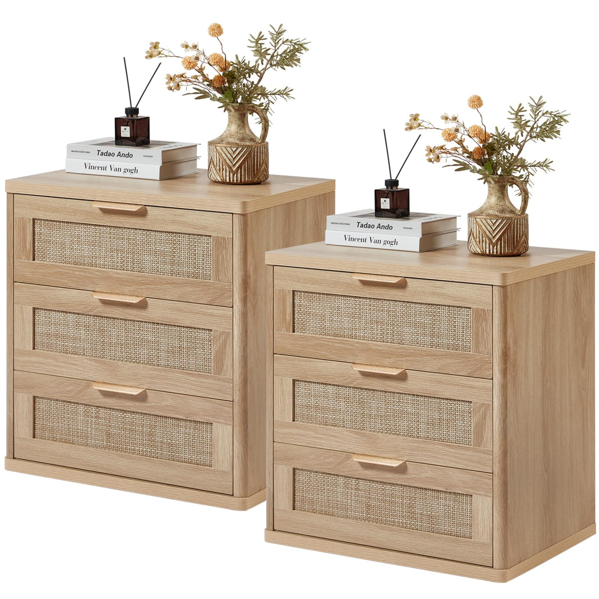 Lerliuo Rattan NightStand with Charger Station, 23" Wide Boho Bedside Table with Drawers, Natural Wood Night Stand Open Storage Cabinet, Bed Side End Table Dresser for Living Room, Hallway, Bedroom