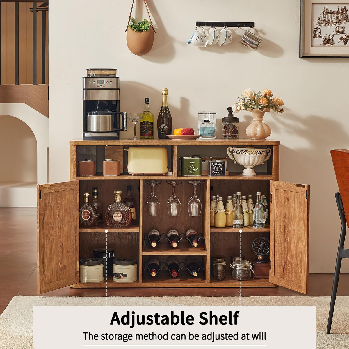 Lerliuo Rattan Wine Bar Cabinet with 2 Doors, Walnut