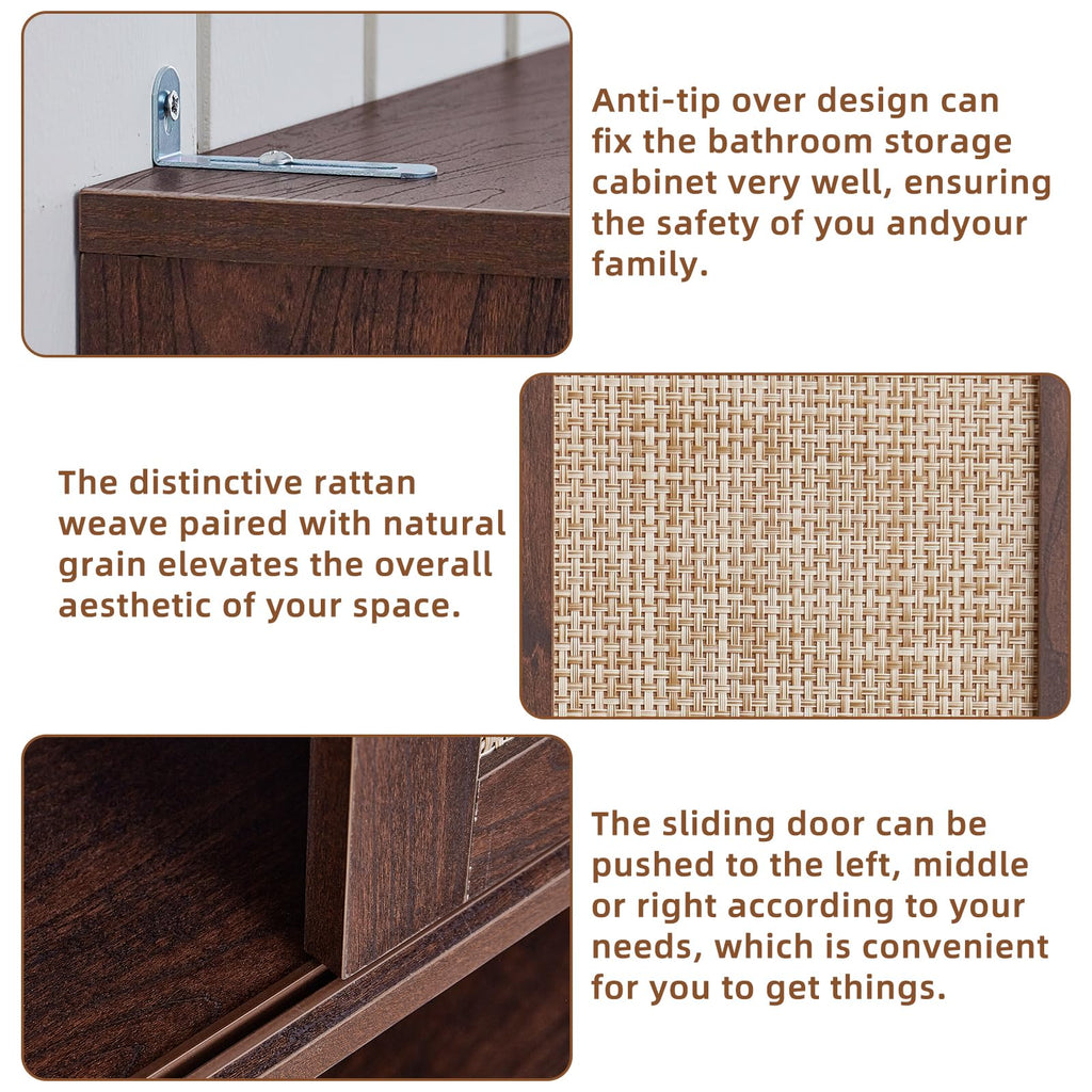 LEYAOYAO 68" Boho Over the Toilet Storage Cabinet with Rattan Sliding Door