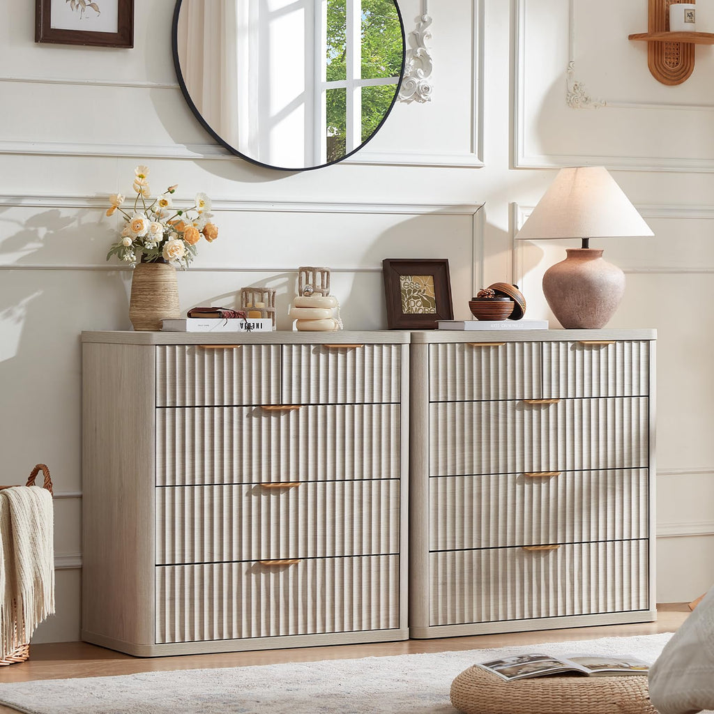 LEYAOYAO Fluted 6 Drawers Dresser for Bedroom Set of 2, 42" Tall Modern Chest of Drawer with Metal Handle, Curved Profile Design,Brown Wood Drawer Organizer for Bedroom, Living Room, Hallway