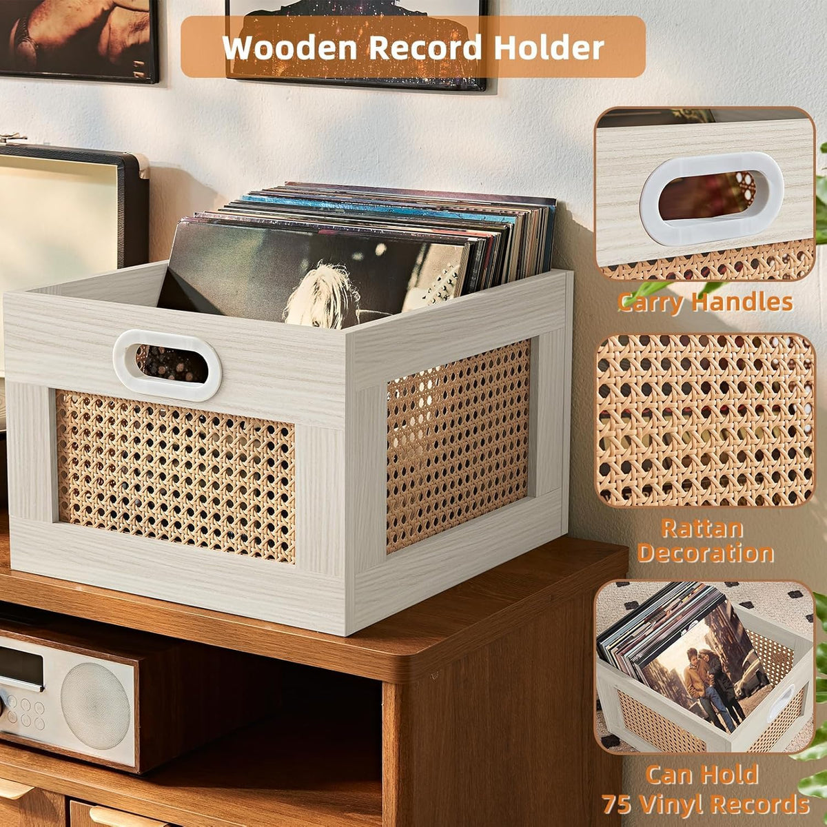 LEYAOYAO Vinyl Record Storage, Rattan Record Crate for Vinyl Albums Holder