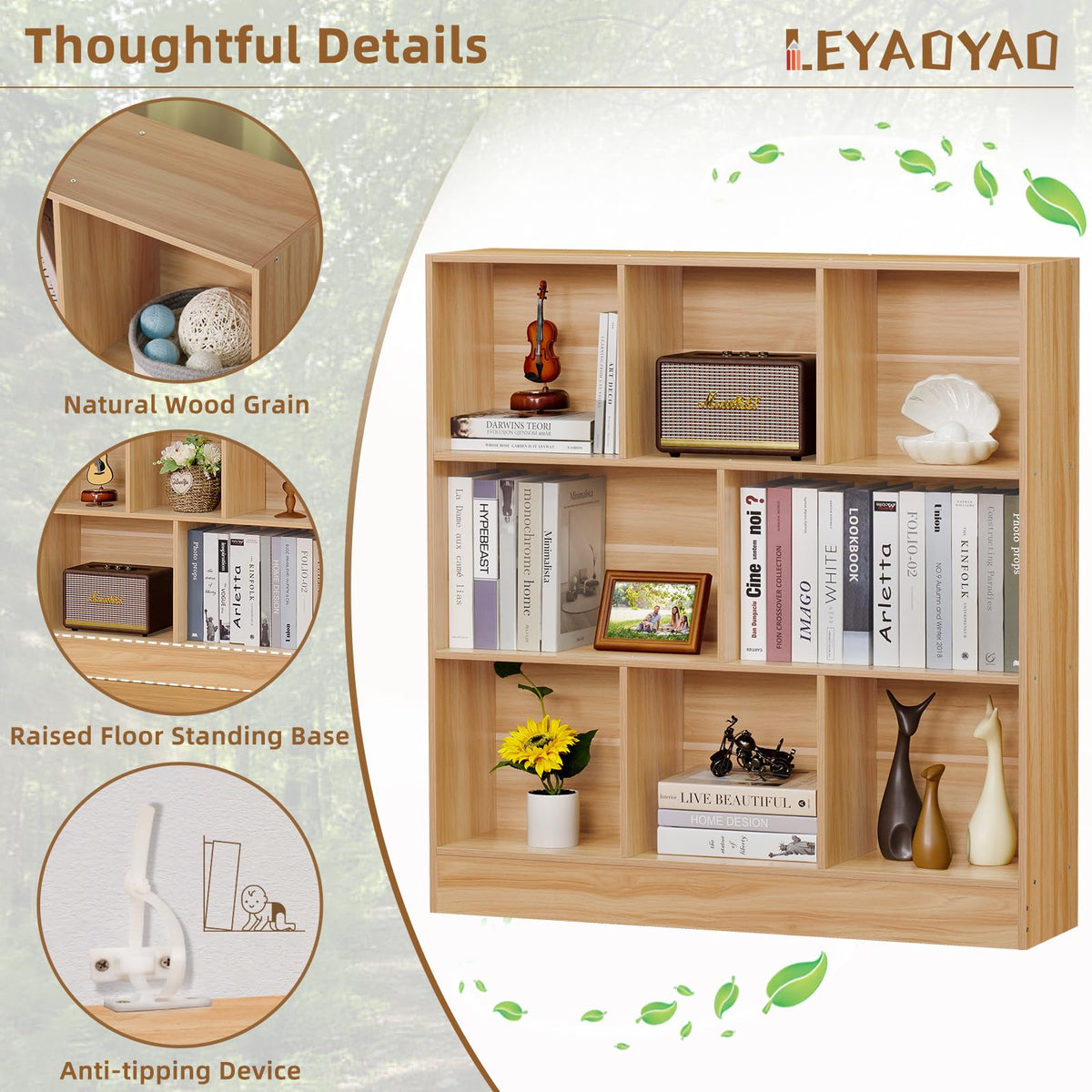 LEYAOYAO 7 Cube Bookshelf with Base,3 Tier Mid-Century Modern Blue Bookcase,Standing Wide Bookshelves Storage Organizer Shelf,Rustic Wood Display Cabinet Book Shelves for Bedroom,Living Room,Office