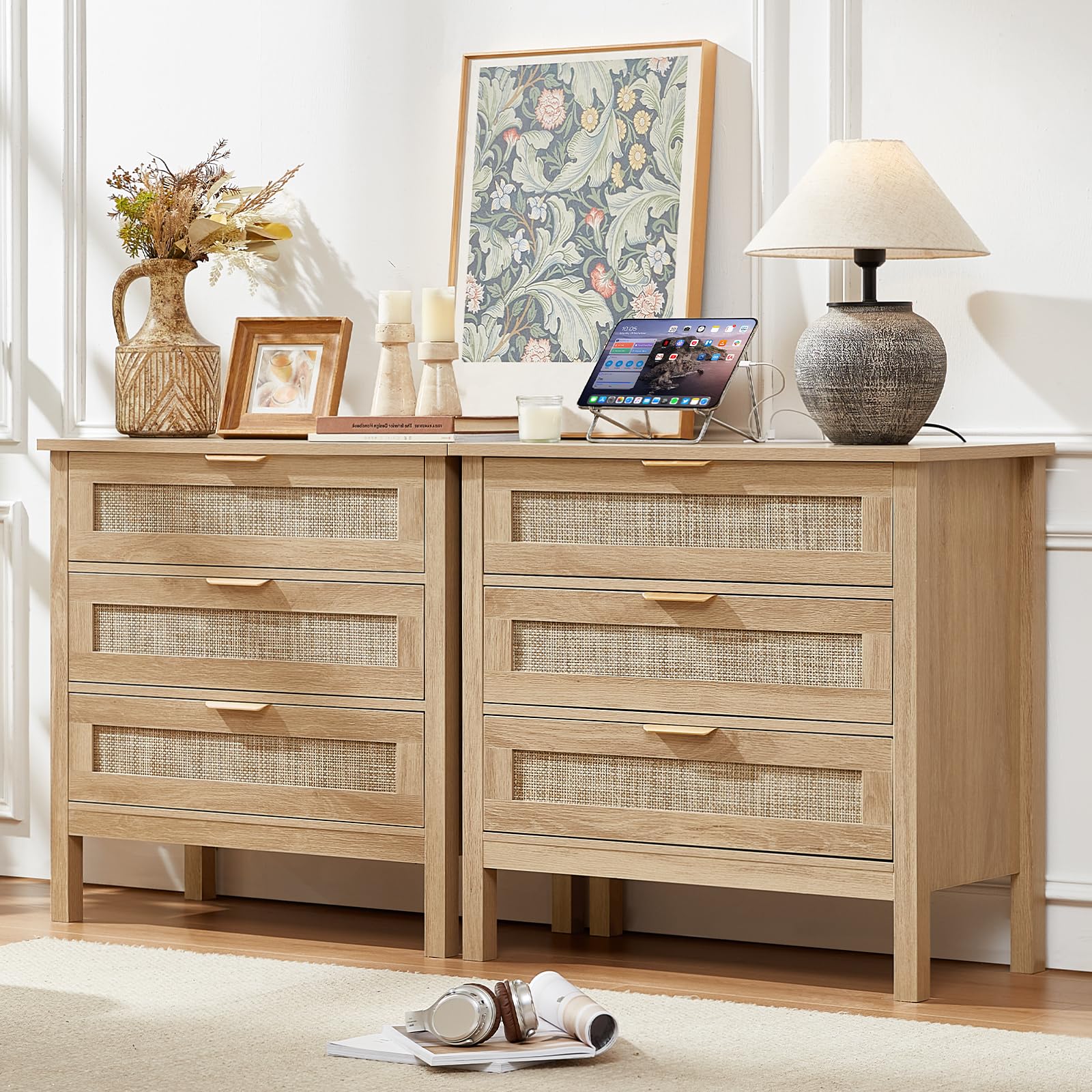 LEYAOYAO 26.8" Wide Rattan Nightstands Set of 2, Large Boho Night Stand