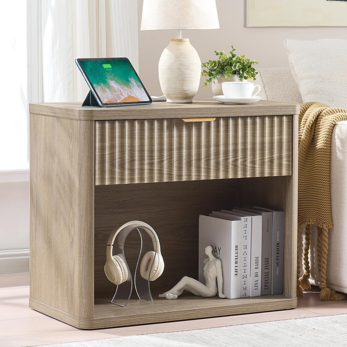 LEYAOYAO 31" Wide Fluted Nightstand with Charging Station, Oversized Extra Large 1 Drawer Night Stand with Golden Handle, Antique White Bedside Table Tall End Tables,for Bedroom, Living Room, Hallway
