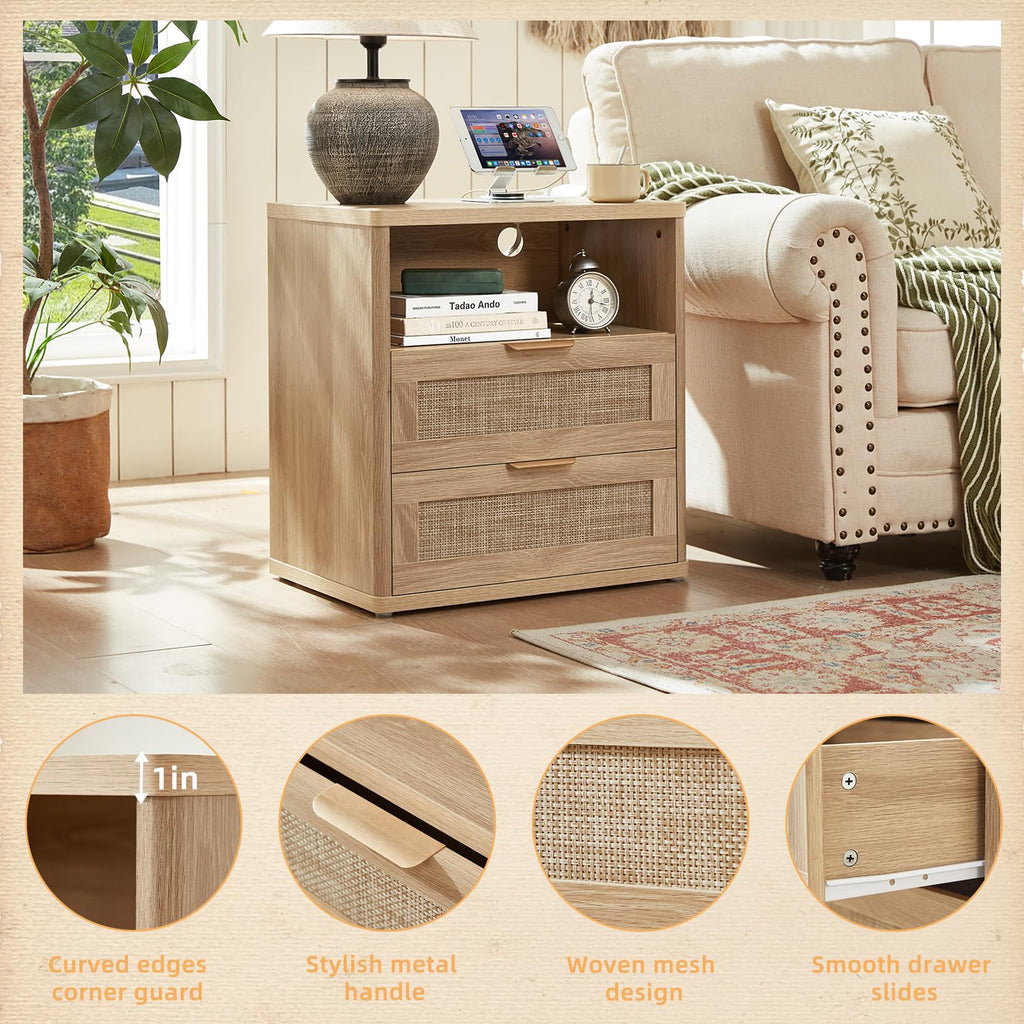 LEYAOYAO Rattan Nightstands Set of 2 with Charging Station, Boho Night Stand Dresser for Bedroom with Drawer, Grey White Bedside Table Open Storage Cabinet, Bed Side End Table, Living Room, Hallway