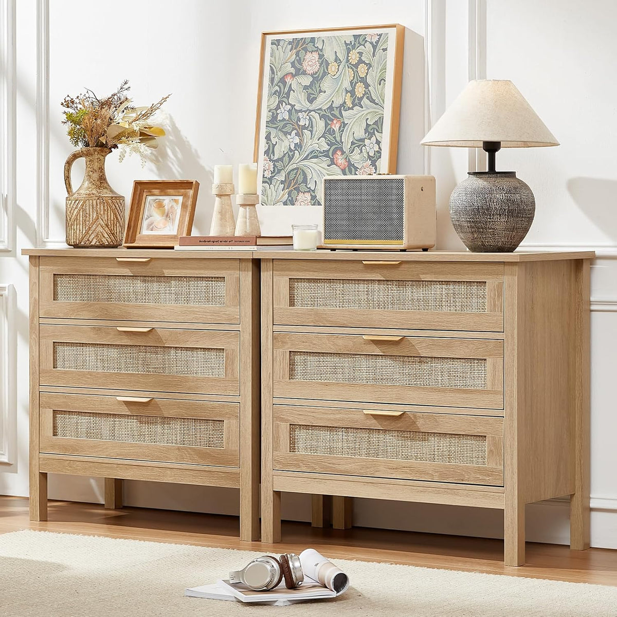 LEYAOYAO 26.8" Wide Rattan Nightstands Set of 2, Large Boho Night Stand