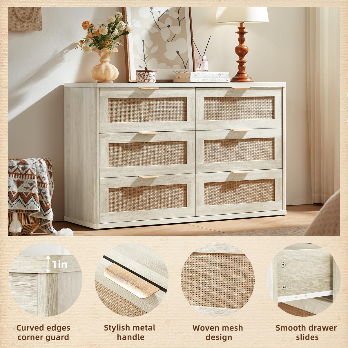 LEYAOYAO Rattan Dresser and Nightstand Sets 3 Piece, Natural