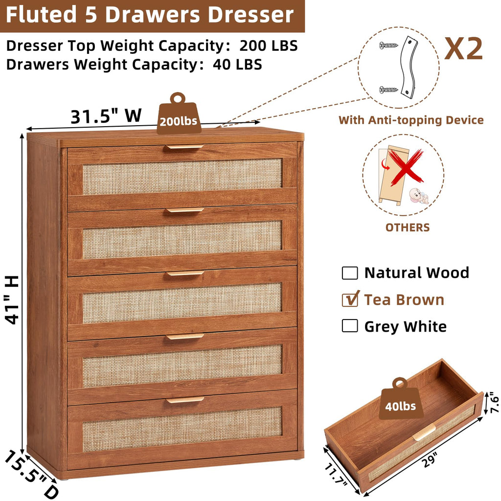 LEYAOYAO Rattan Dresser for Bedroom, 41" Tall Chest of Drawers