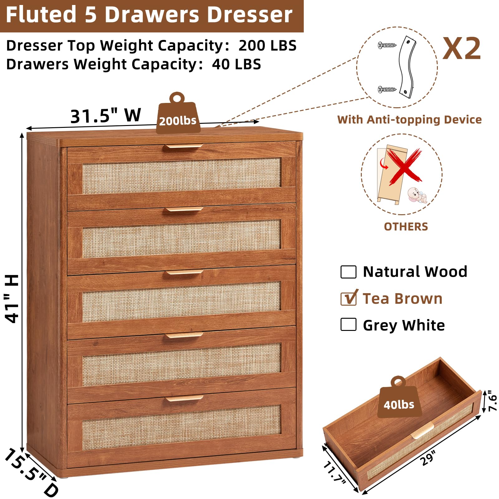 LEYAOYAO Rattan Dresser for Bedroom, 41" Tall Chest of Drawers