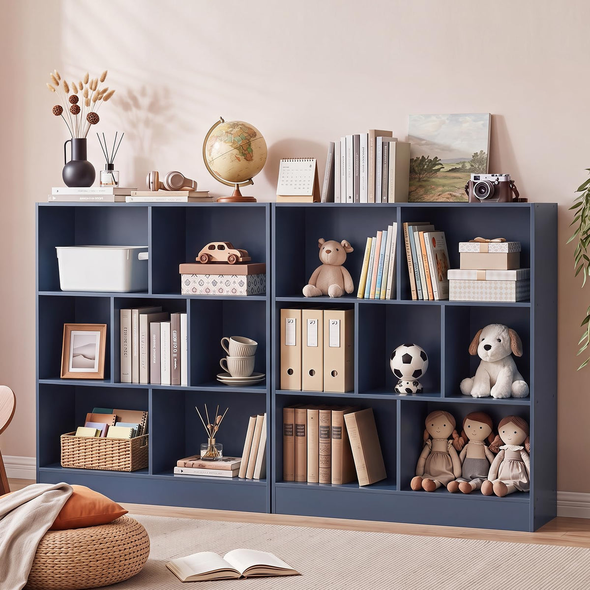 LEYAOYAO 7 Cube Bookshelf with Base,3 Tier Mid-Century Modern Blue Bookcase,Standing Wide Bookshelves Storage Organizer Shelf,Rustic Wood Display Cabinet Book Shelves for Bedroom,Living Room,Office