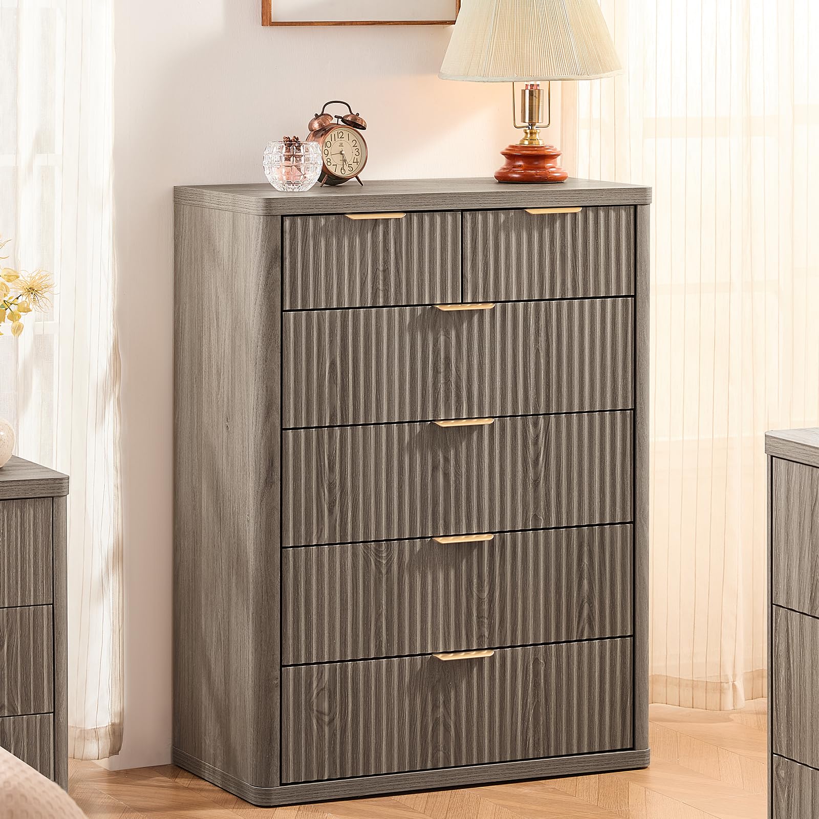 LEYAOYAO Fluted Dressers & Nightstand Set of 4, Wood 48" Wide Dresser & 42" Tall Chest of Drawers,Modern Bedroom Furniture Sets, Black Wooden Nightstand Set of 2 with 2 Drawers & Charging Station