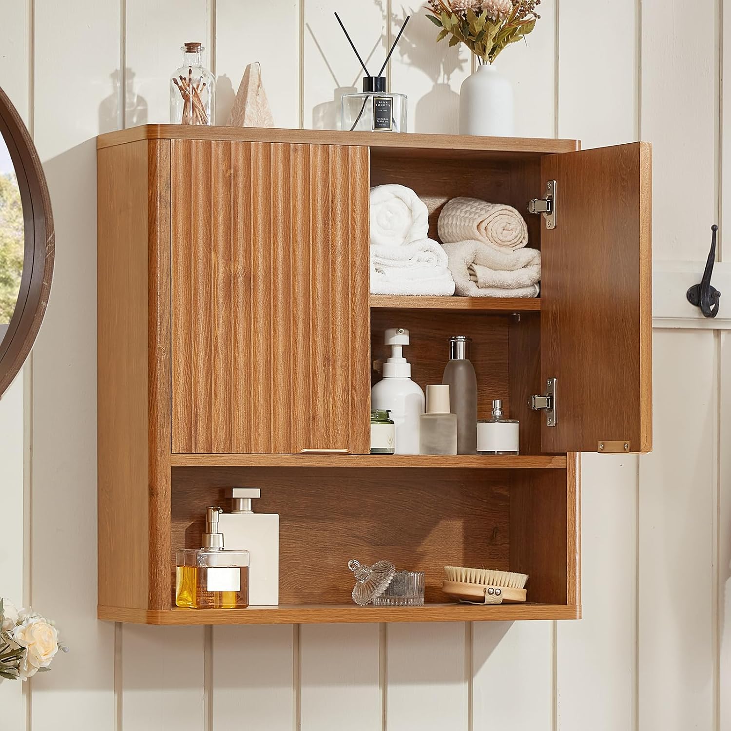 LEYAOYAO Fluted Bathroom Wall Cabinet, Wall-Mounted Medicine Cabinet w/Adjustable Shelf & Doors, Farmhouse Floating Over The Toilet Storage Cabinets for Laundry Room, Kitchen, Living Room (Tea Brown)