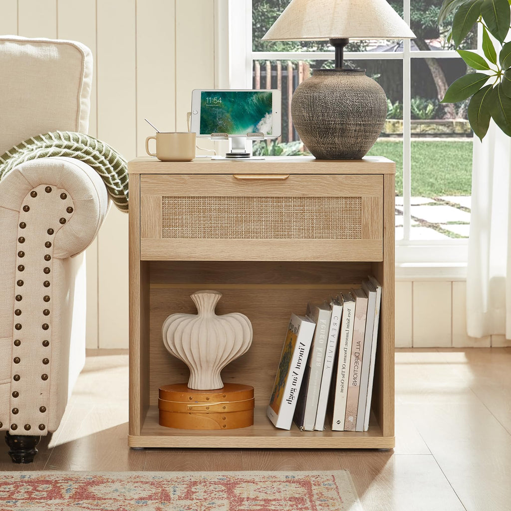 LEYAOYAO Rattan Nightstands Set of 2 with Charging Station, Boho Night Stand Dresser for Bedroom with Drawer, Grey White Bedside Table Open Storage Cabinet, Bed Side End Table, Living Room, Hallway