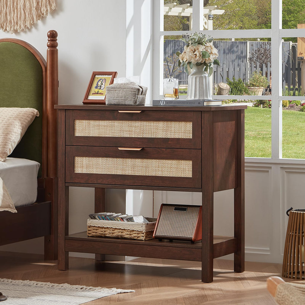 Lerliuo 31.5" Wide Rattan Nightstand,Oversized Large Boho Night Stand with 2 Drawers, 30" Tall Grey White Bedside Table with Storage Shelf, Bed Side End Tables for Bedroom, Living Room, Hallway