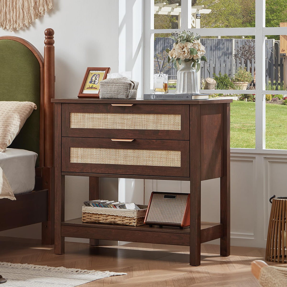 Lerliuo 31.5" Wide Rattan Nightstand,Oversized Large Boho Night Stand with 2 Drawers, 30" Tall Grey White Bedside Table with Storage Shelf, Bed Side End Tables for Bedroom, Living Room, Hallway