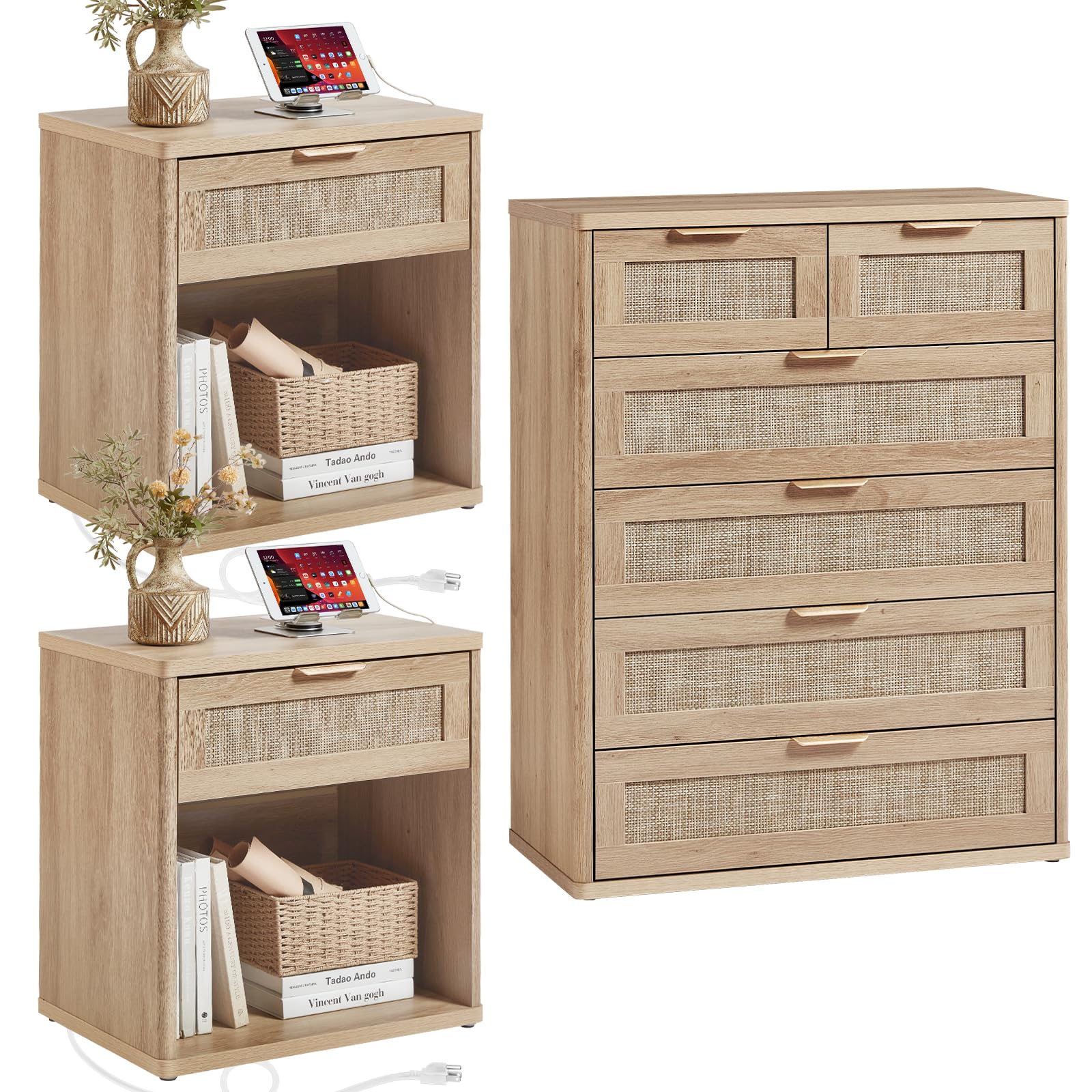 LEYAOYAO Rattan Dresser and Nightstand Set of 3, Boho Wood Dresser for Bedroom with 6 Drawers and Night Stand with Charging Station, Bedroom Furniture, Dressers & Chests of Drawers, Living Room