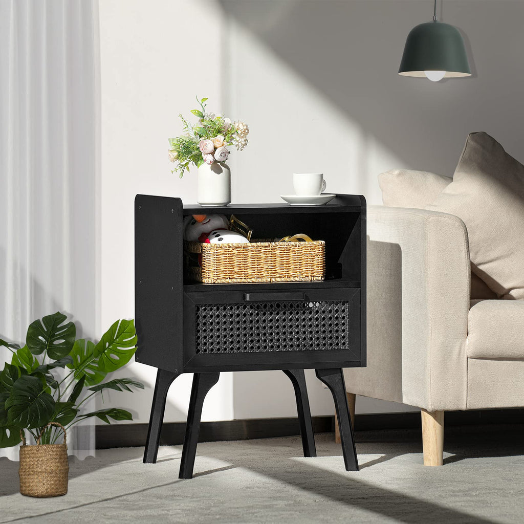 Lerliuo Rattan Nightstand, Boho Side Table with Drawer Open Shelf