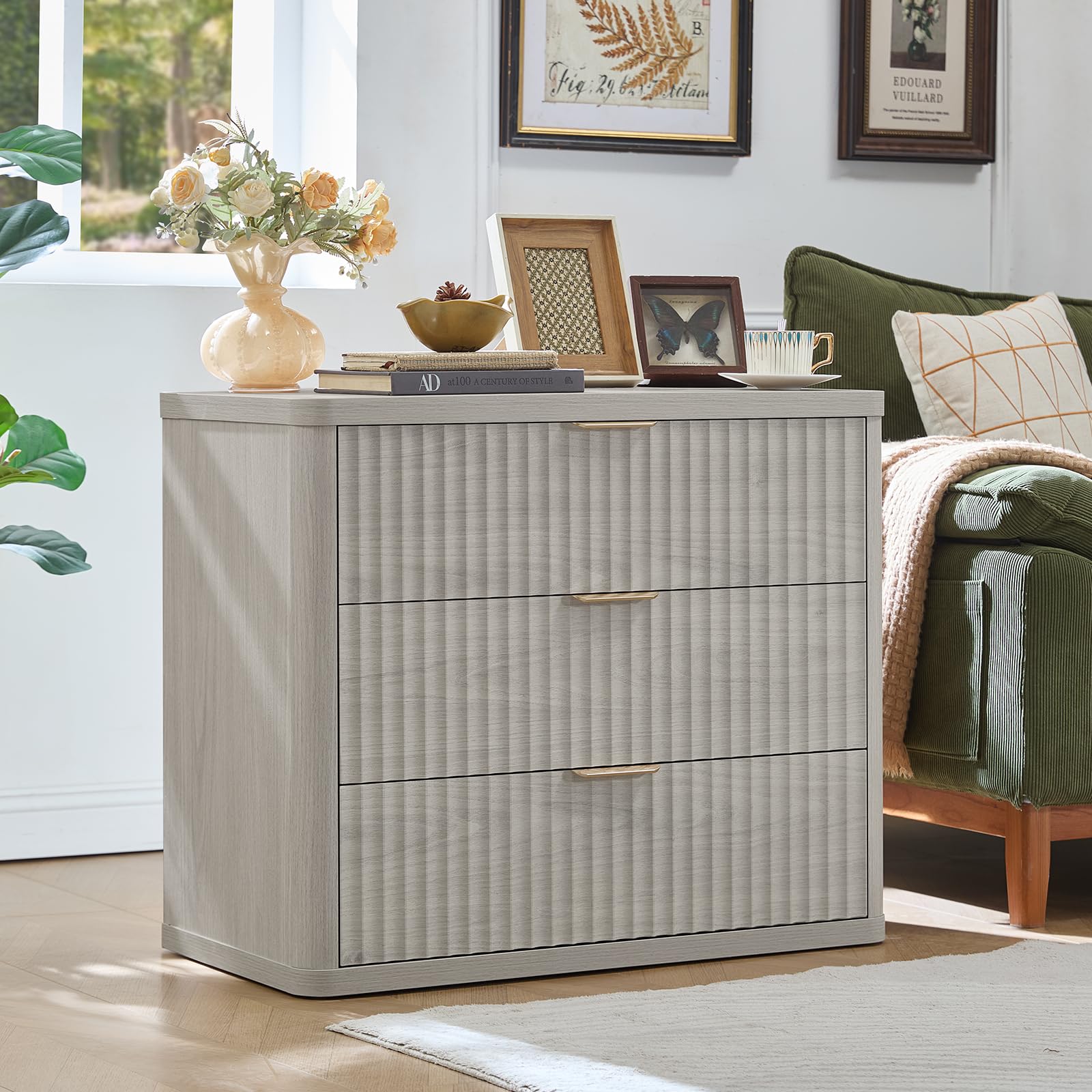 LEYAOYAO 31" Wide Fluted Nightstand with Charging Station, Oversized Extra Large 1 Drawer Night Stand with Golden Handle, Antique White Bedside Table Tall End Tables,for Bedroom, Living Room, Hallway