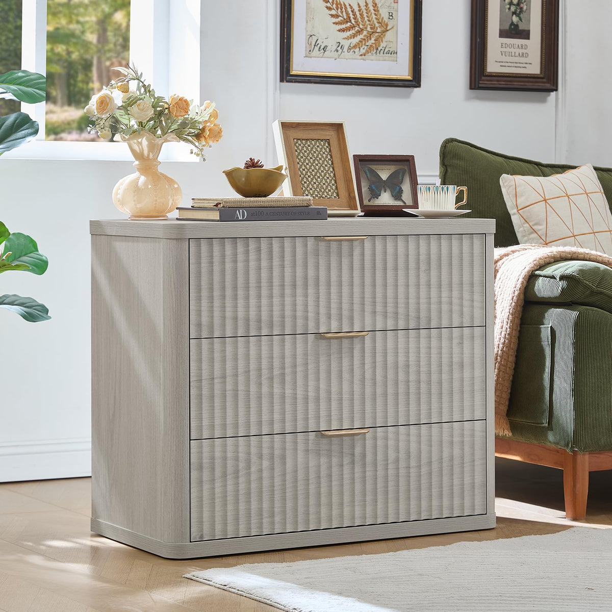 LEYAOYAO 31" Wide Fluted Nightstand with Charging Station, Oversized Extra Large 1 Drawer Night Stand with Golden Handle, Antique White Bedside Table Tall End Tables,for Bedroom, Living Room, Hallway