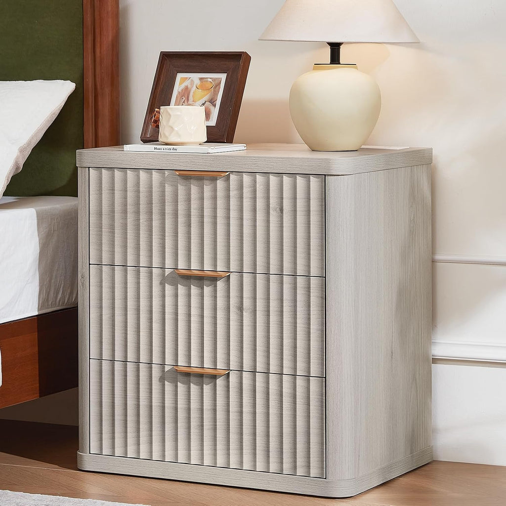 LEYAOYAO 23" Wide Fluted Night Stand with Charging Station, 3 Drawers Large End Table with Storage, LightGrey Nightstand Wood Bedside Tables, Farmhouse Cabinet Dresser for Bedroom, Closet