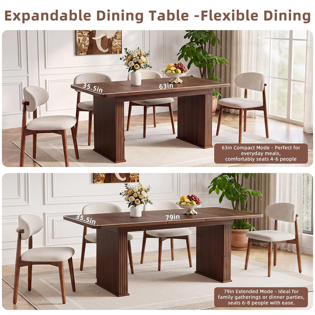 LEYAOYAO Extendable Dining Table for 4-6,63"–79" with Fluted Base(Brown)