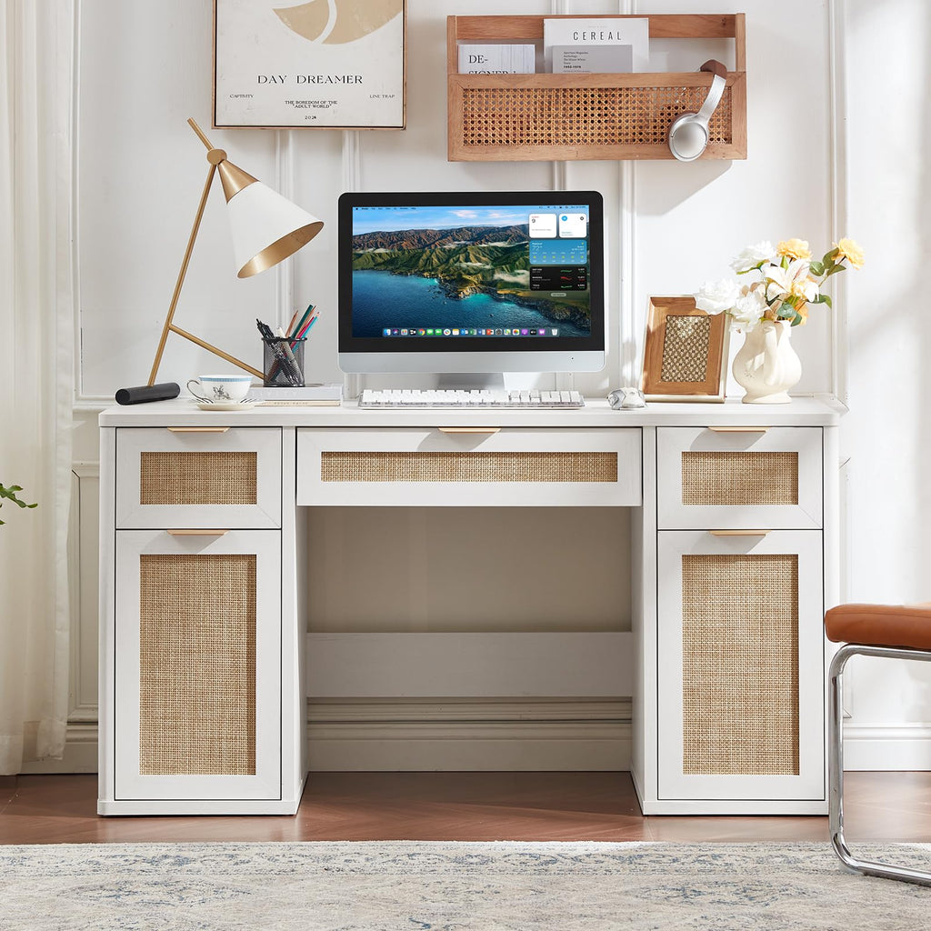 LEYAOYAO Office Desk 56" with 5 Drawers Storage File Cabinet, Natural