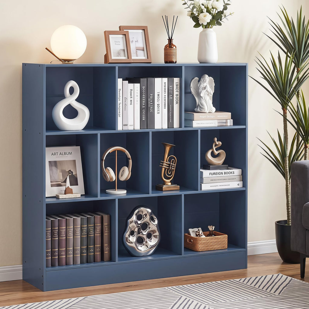 LEYAOYAO 7 Cube Bookshelf with Base,3 Tier Mid-Century Modern Blue Bookcase,Standing Wide Bookshelves Storage Organizer Shelf,Rustic Wood Display Cabinet Book Shelves for Bedroom,Living Room,Office