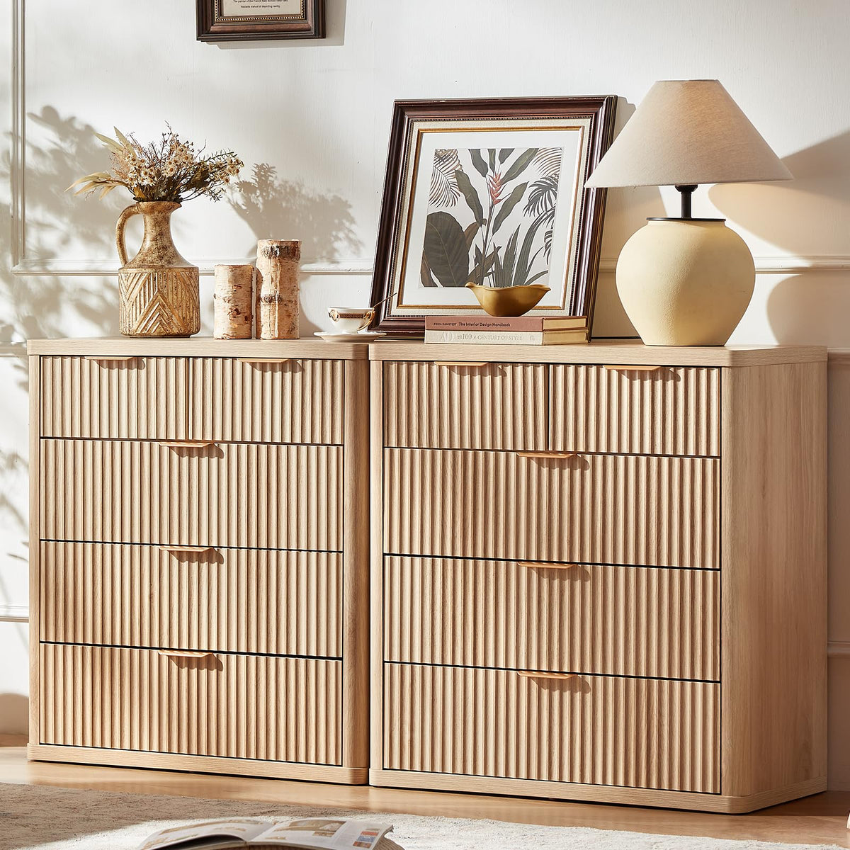 LEYAOYAO Fluted 6 Drawers Dresser for Bedroom Set of 2, 42" Tall Modern Chest of Drawer with Metal Handle, Curved Profile Design,Brown Wood Drawer Organizer for Bedroom, Living Room, Hallway