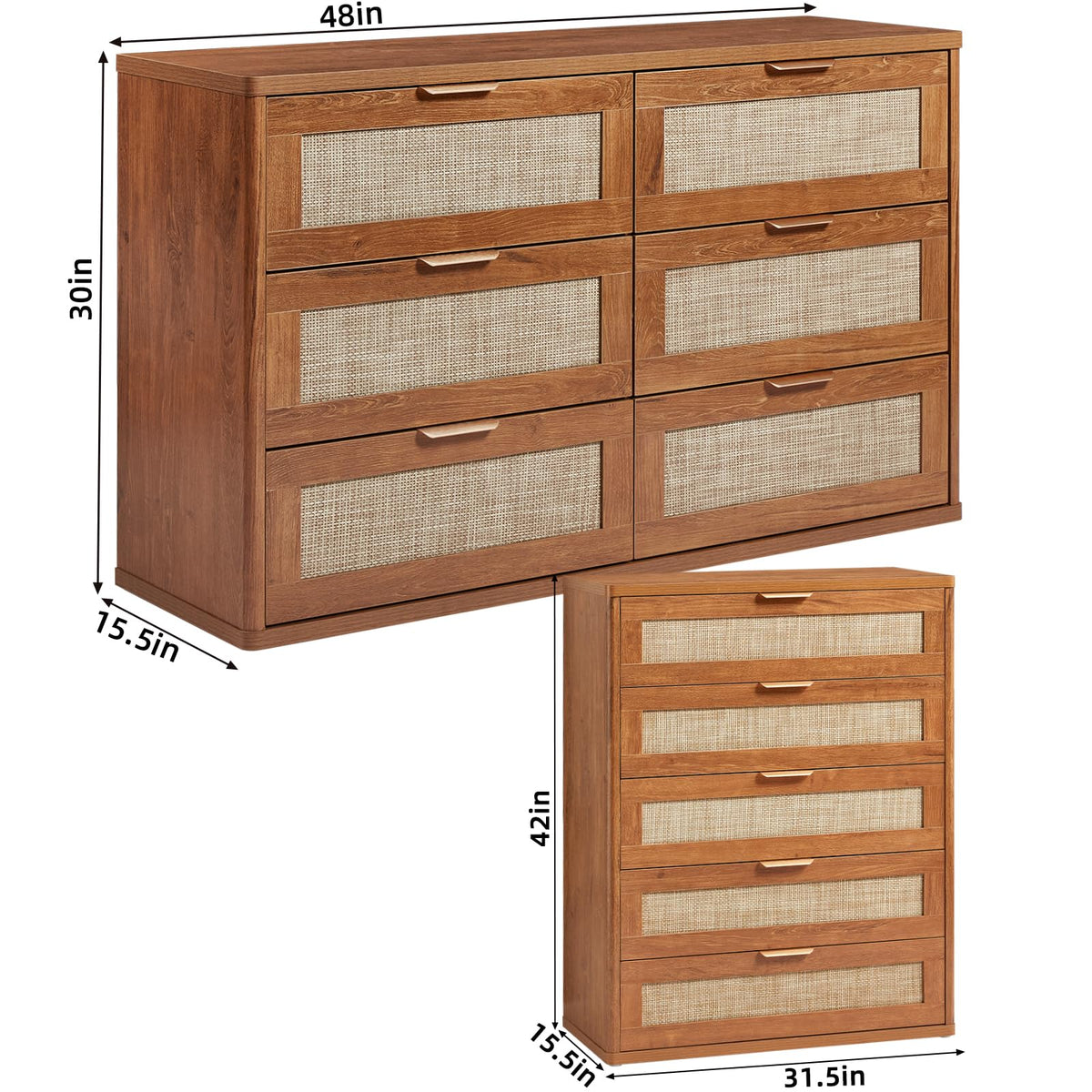 LEYAOYAO Rattan Bedroom Dresser Set of 2, Boho Wood 48" Wide 6 Drawers Dresser for Bedroom and 31.5" Tall 5 Drawers Dressers, Bedrooms Furniture, Dressers & Chests of Drawers, Living Room, Hallway