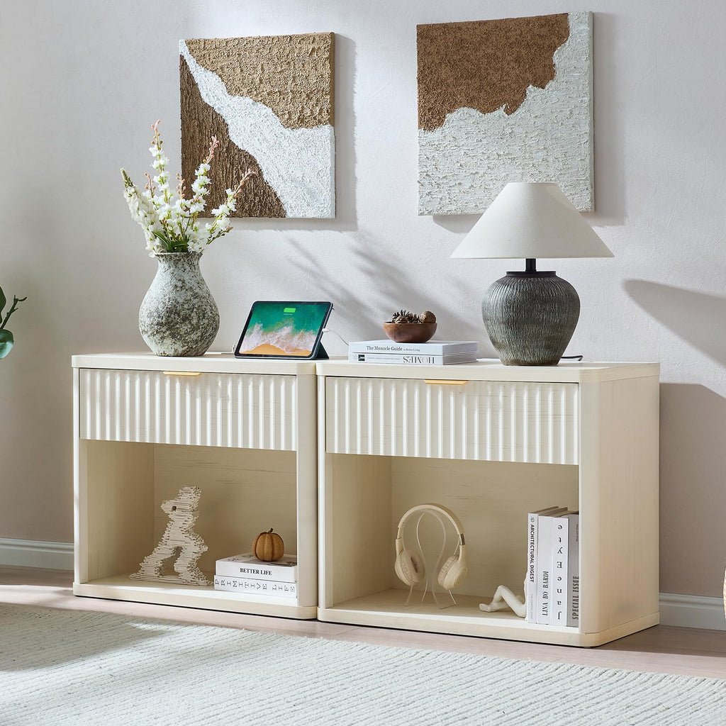 LEYAOYAO 31" Wide Fluted Nightstand with Charging Station, Oversized Extra Large 1 Drawer Night Stand with Golden Handle, Antique White Bedside Table Tall End Tables,for Bedroom, Living Room, Hallway