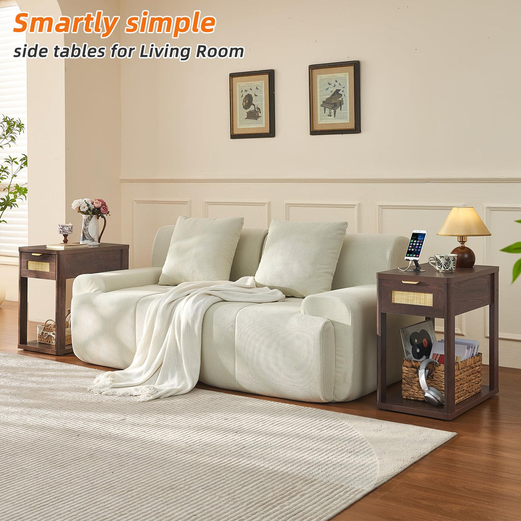 LEYAOYAO Narrow Side Table with Charging Station, Rattan 24 x 14''