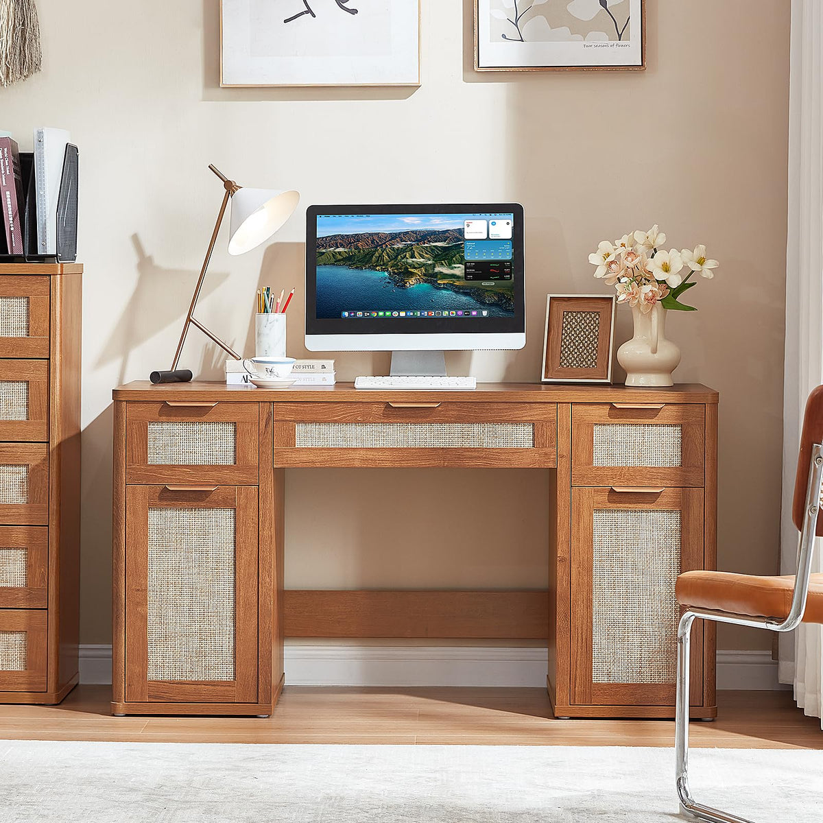 LEYAOYAO Office Desk 56" with 5 Drawers Storage File Cabinet, Natural