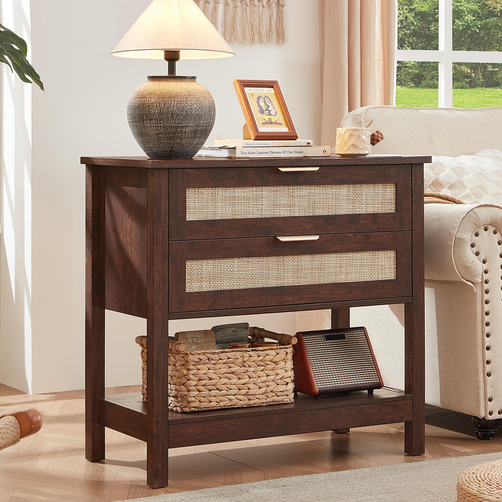 LEYAOYAO 26.8" Wide Rattan Nightstands Set of 2, Large Boho Night Stand